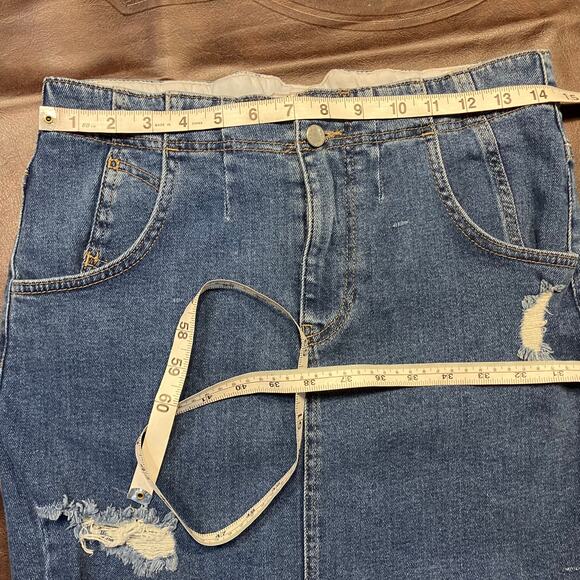 Free People Blue Distressed Denim Mini Skirt Size 8 Raw Hem Belted Waist - Picture 13 of 16